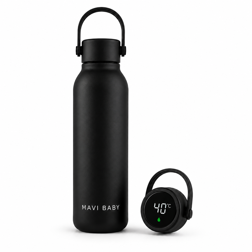 Mavi Baby Thermos in black — insulated baby bottle thermos with smart temperature sensor showing 40°C safe feeding temperature