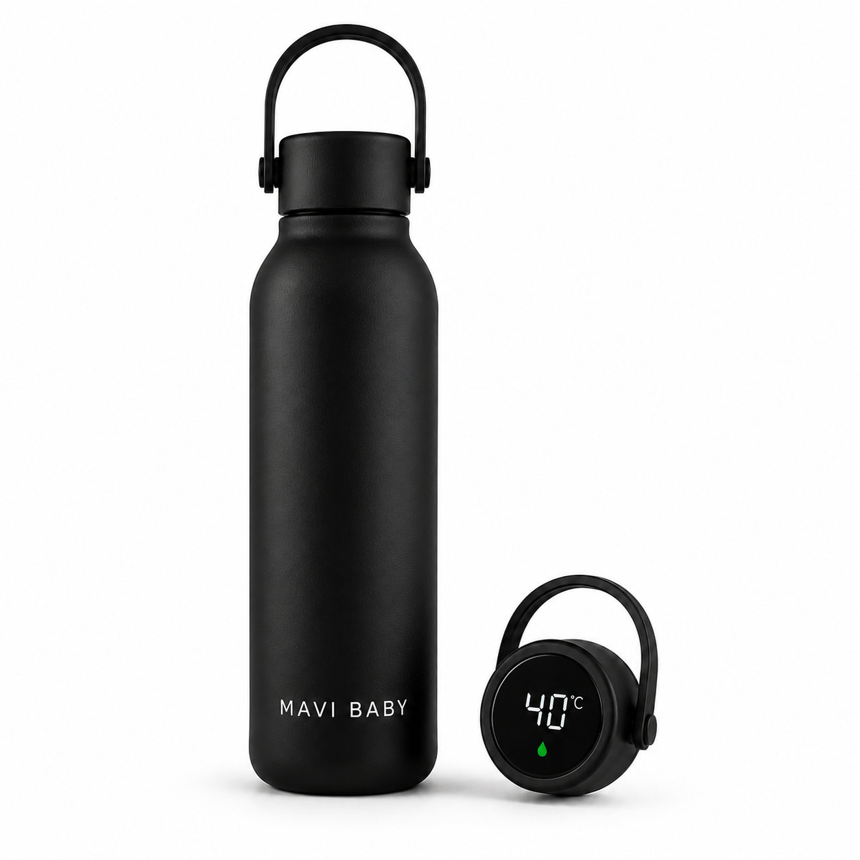 Mavi Baby Thermos in black — insulated baby bottle thermos with smart temperature sensor showing 40°C safe feeding temperature