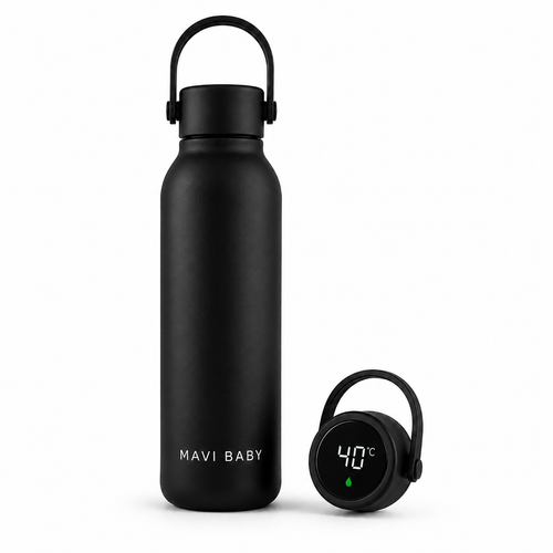 Mavi Baby Thermos in black — insulated baby bottle thermos with smart temperature sensor showing 40°C safe feeding temperature