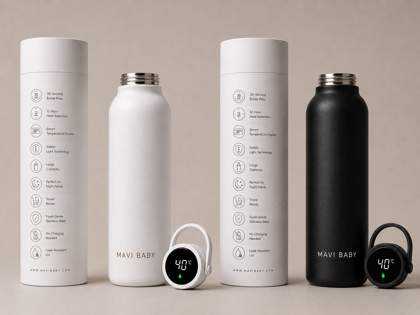 Mavi Baby Thermos Duo Bundle with packaging — one black and one white insulated baby bottle water warmer, sold as a pair