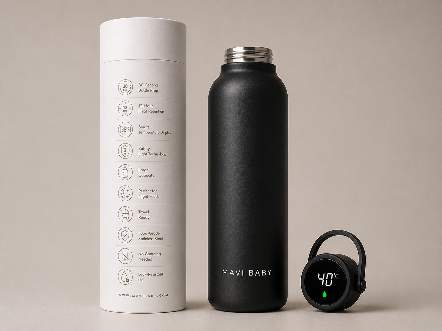 Mavi Baby Thermos in black with retail packaging — insulated baby bottle warmer featuring 30-second bottle prep, 12-hour heat retention, and smart temperature display
