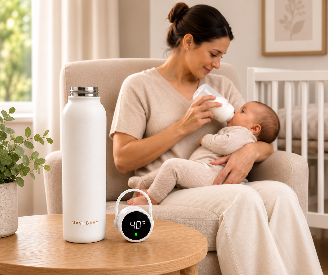Mother feeding baby with Mavi Baby Thermos in nursery — insulated baby bottle water warmer with smart temperature display