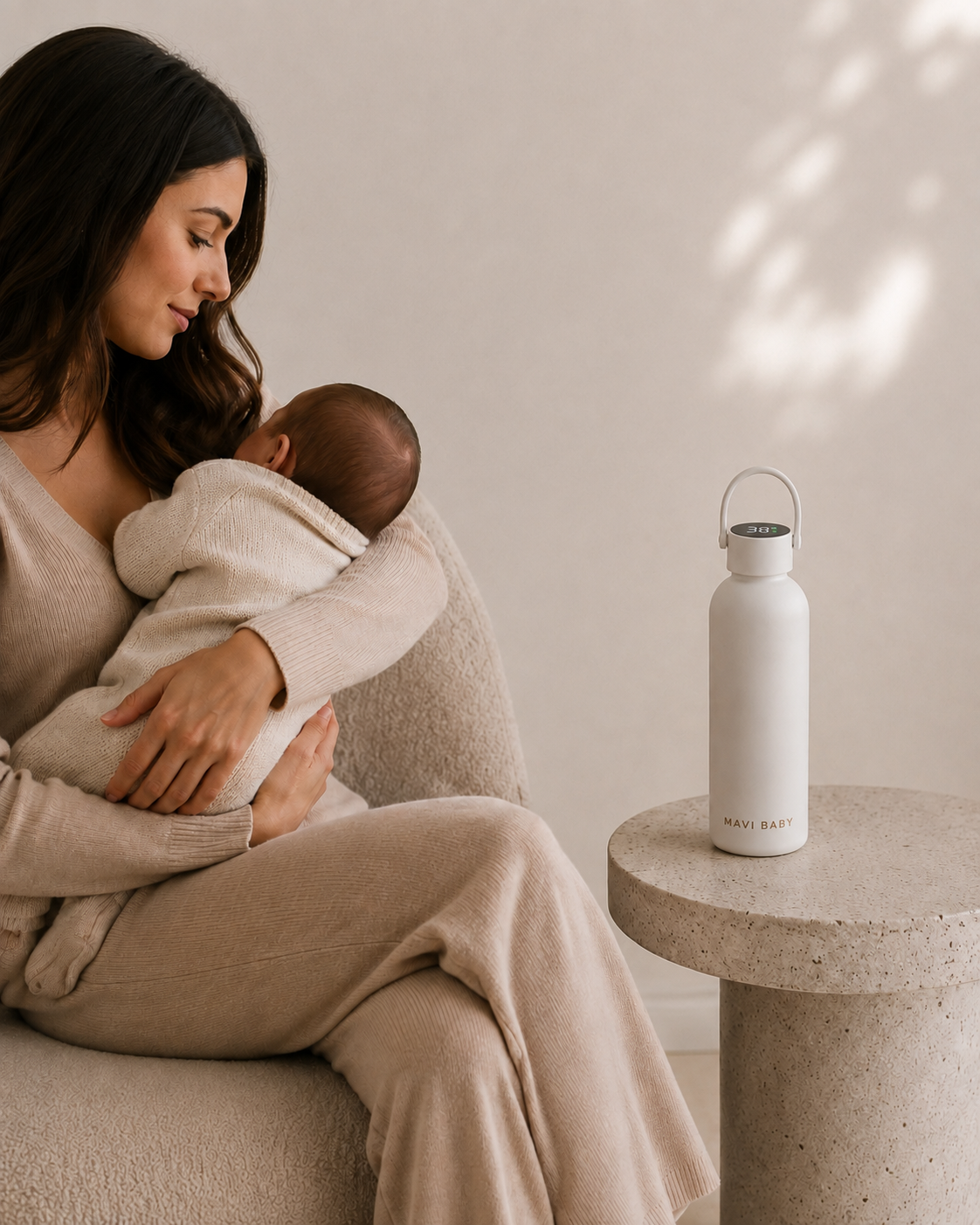Mother holding baby beside Mavi Baby Thermos in a cozy home setting