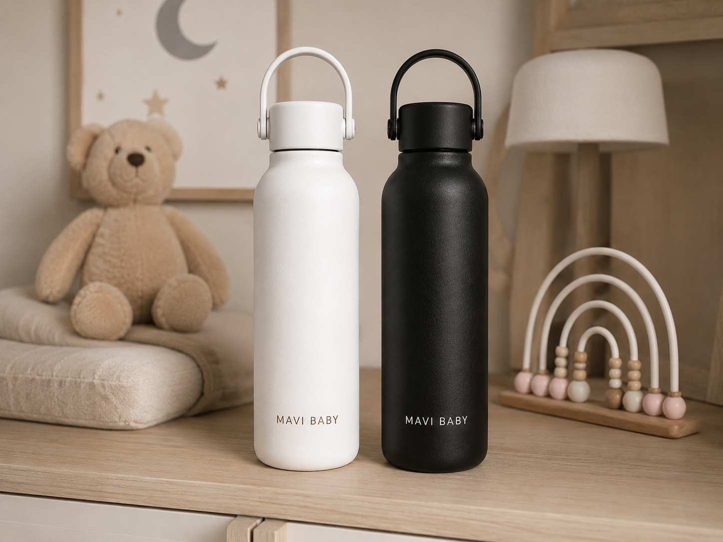 Mavi Baby Thermos Duo Bundle in black and white displayed in a nursery — insulated baby bottle water warmers for feeds at home