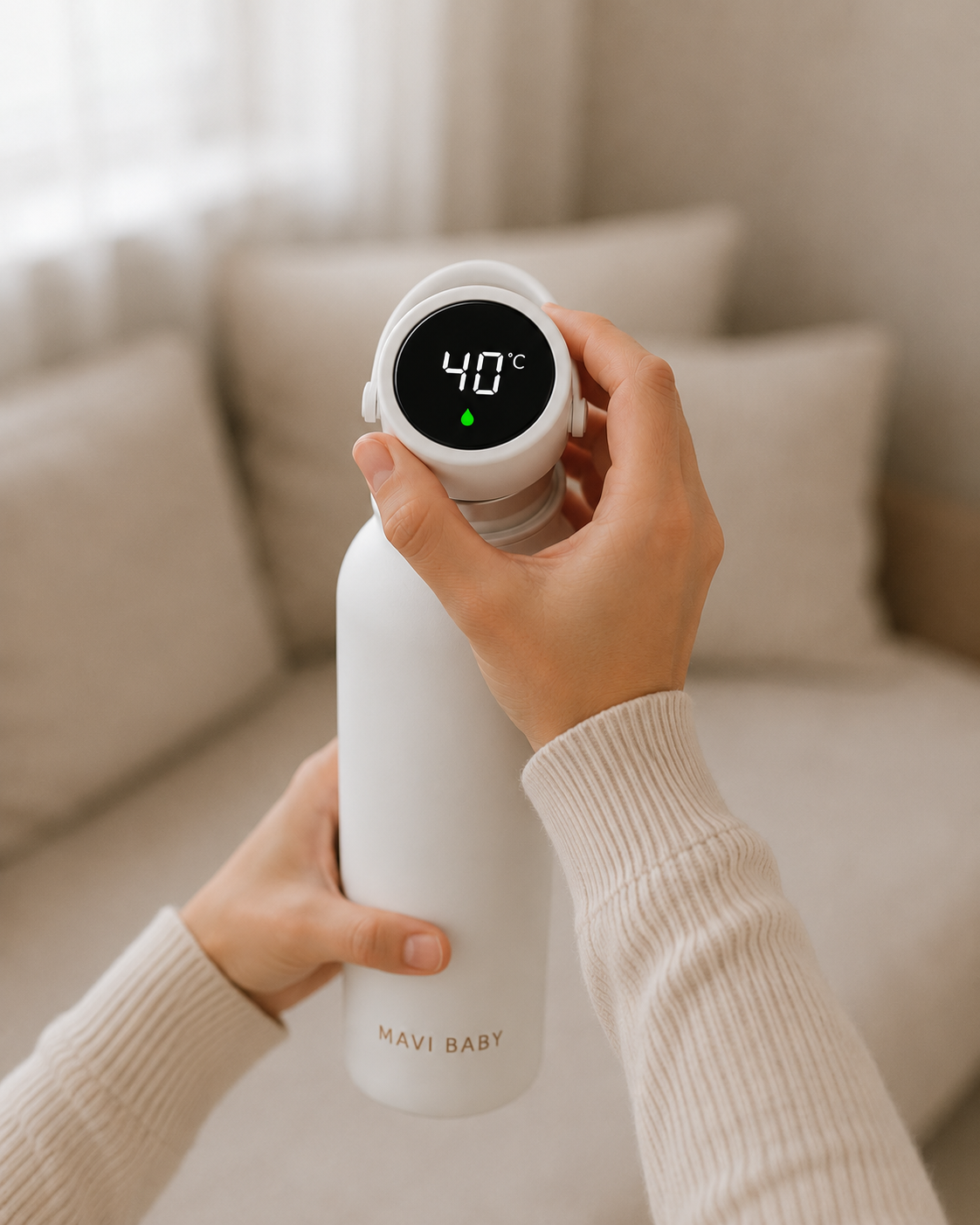 Checking the Mavi Baby Thermos smart temperature display showing 40°C — green light confirms safe feeding temperature