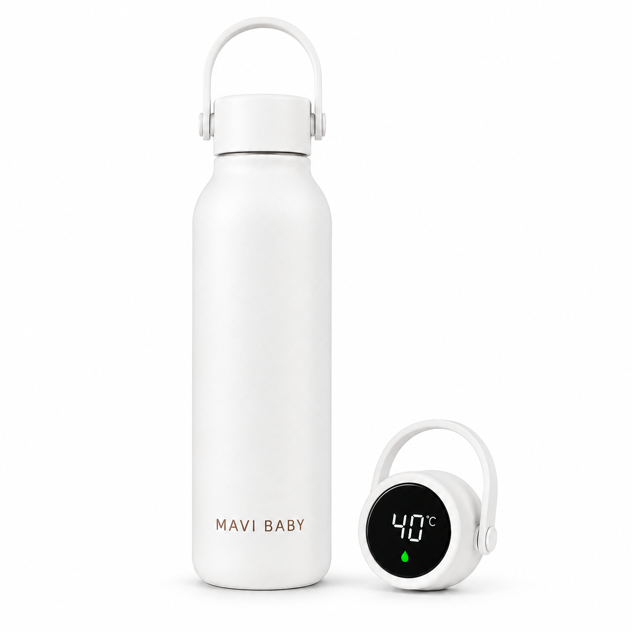 Mavi Baby Thermos in white — insulated baby bottle thermos with smart temperature sensor showing 40°C safe feeding temperature