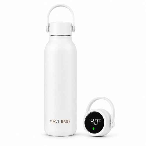 Mavi Baby Thermos in white — insulated baby bottle thermos with smart temperature sensor showing 40°C safe feeding temperature