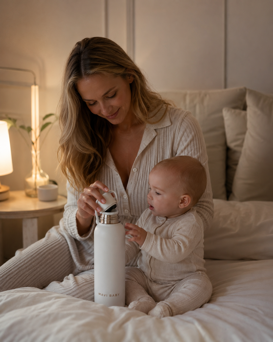 Mother and baby together on bed with Mavi Baby Thermos in warmly lit bedroom