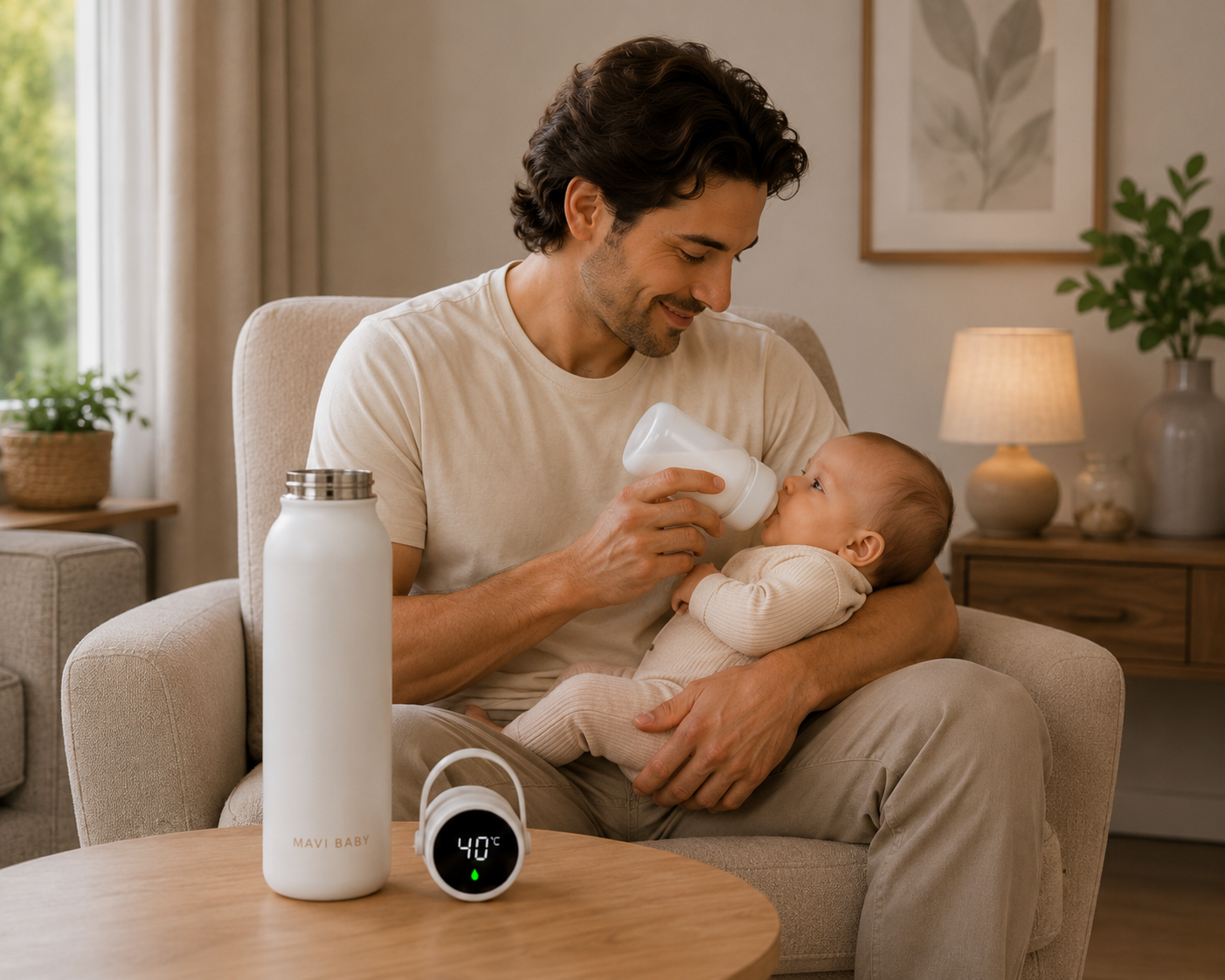 Father feeding baby with Mavi Baby Thermos