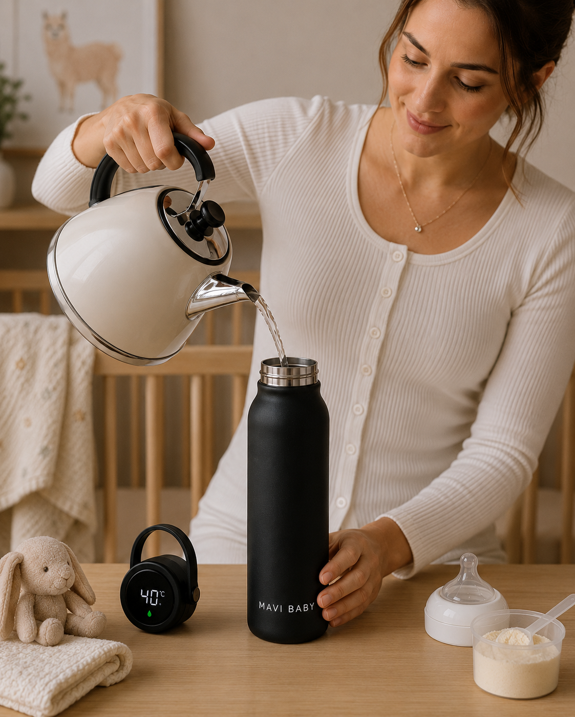 Pouring boiling water from kettle into Mavi Baby Thermos to prepare a bottle