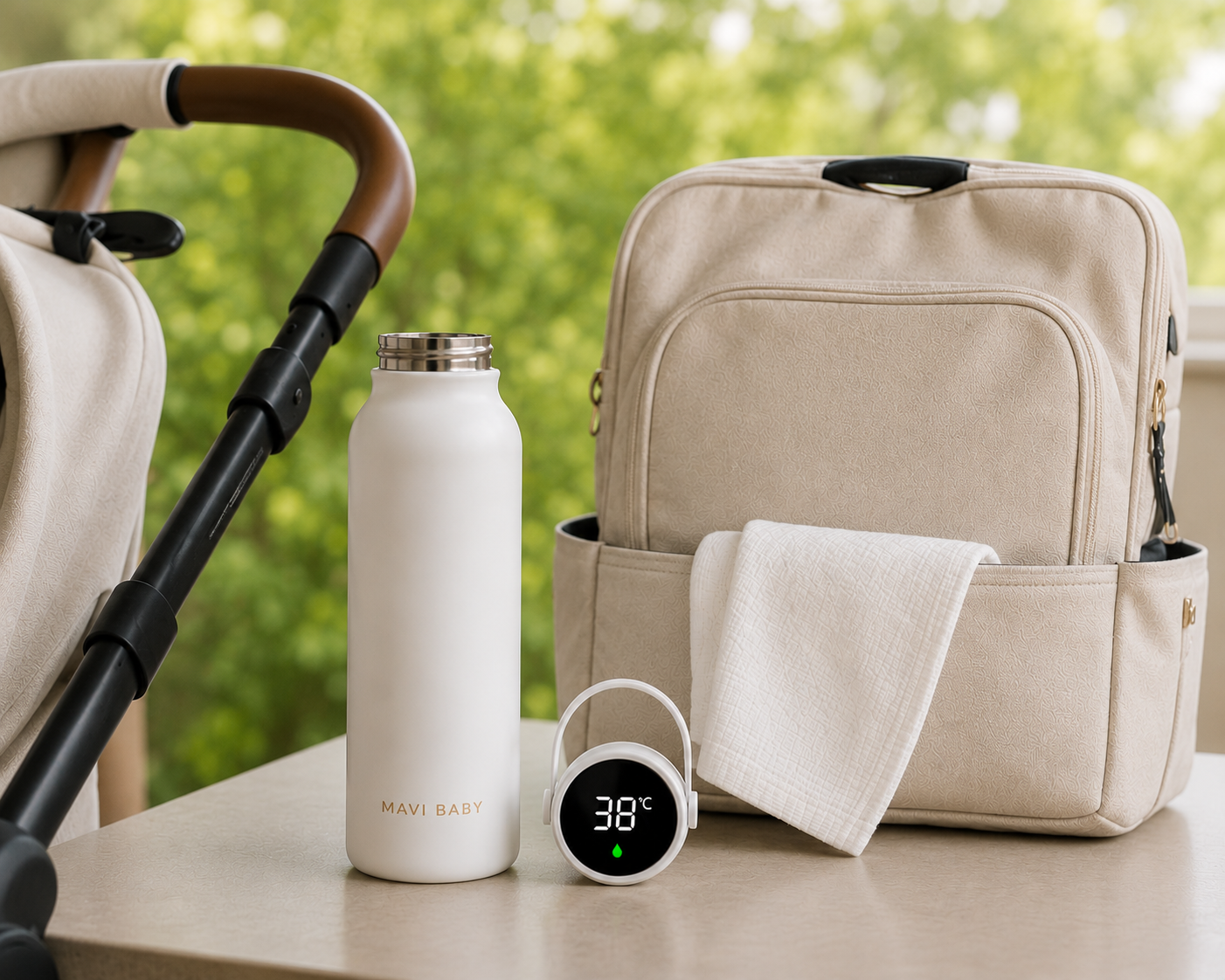 Mavi Baby Thermos with diaper bag and pram outdoors — insulated baby bottle water warmer for feeds on the go, temperature display showing 38°C